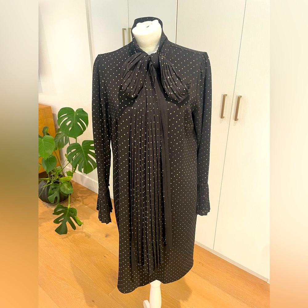 Michael Kors Tie Neck Black and Gold polka dot  Bell Sleeve Crepe Dress